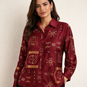 VTG Mirasol Silk Embroidered Blouse Womens Sz S Burgundy Boho Beaded Embellished